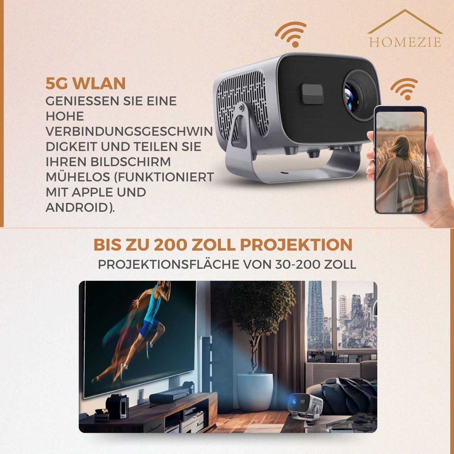 Homezie 4K Smart Projector – Wireless Streaming and Ultra HD Experience