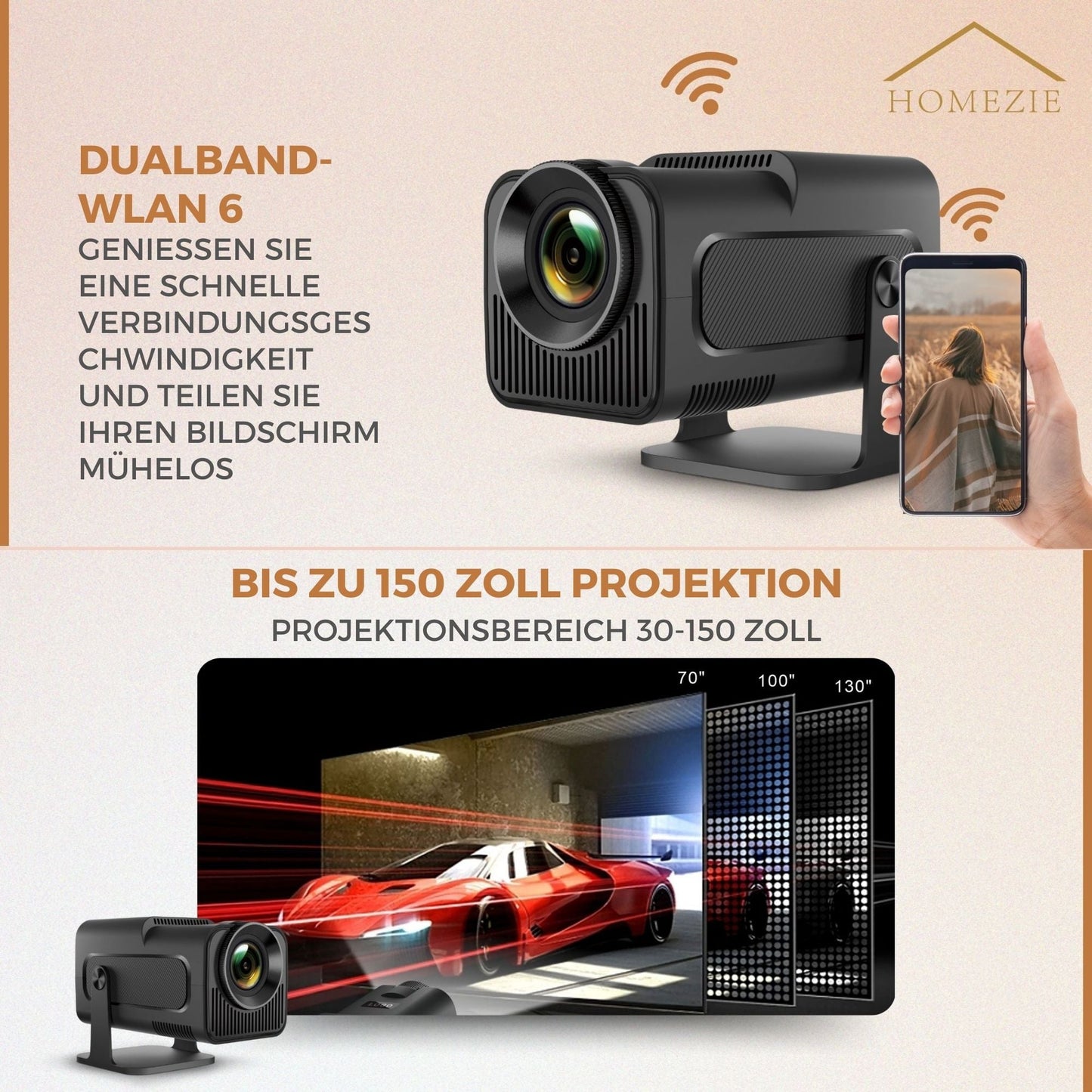 Homezie 4K Wireless Projector – Ultra HD Smart Home Entertainment System