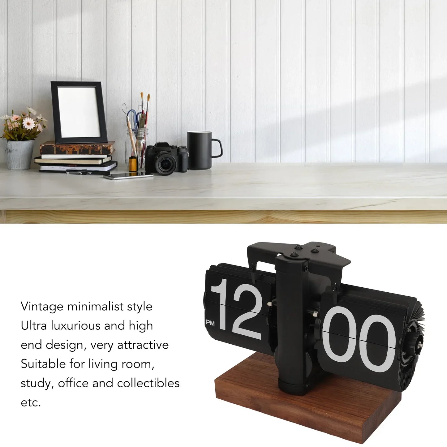 Retro Flip Clock with Wooden Base - Stylish Home and Office Décor