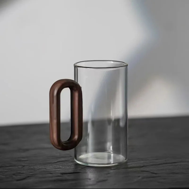 Modern Glass Mug with Wooden Handle - Minimalist Drinkware for Everyday Use